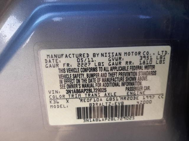 3N1AB6AP2BL729025 - 2011 NISSAN SENTRA GRAY photo 10