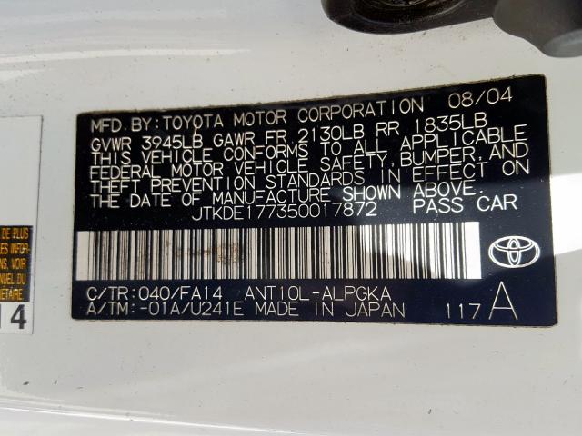 JTKDE177350017872 - 2005 TOYOTA SCION TC  ფოტო 10