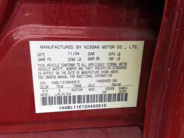 1N4BL11E15N450515 - 2005 NISSAN ALTIMA SE  photo 10