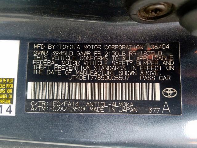 JTKDE177850005507 - 2005 TOYOTA SCION TC  ფოტო 10