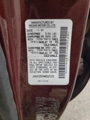 JN8AR05YXWW247335 - 1998 NISSAN PATHFINDER LE 勃艮第红 照片 12