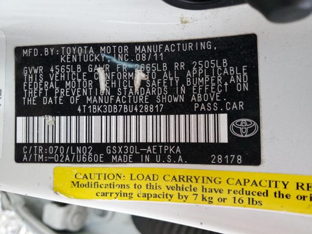 4T1BK3DB7BU428817 - 2011 TOYOTA AVALON BASE WHITE photo 12