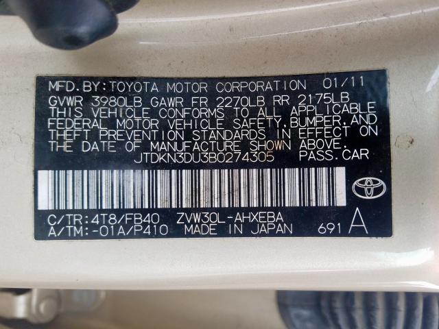 JTDKN3DU3B0274305 - 2011 TOYOTA PRIUS  photo 10