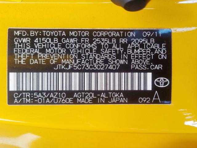 JTKJF5C73C3027407 - 2012 TOYOTA SCION TC  ფოტო 10