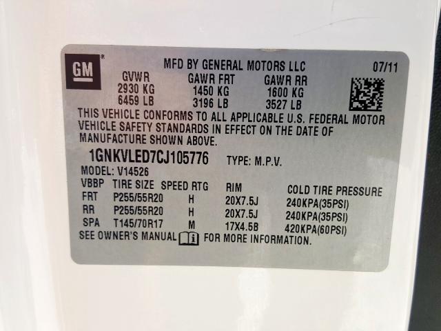 1GNKVLED7CJ105776 - 2012 CHEVROLET TRAVERSE LTZ  photo 10