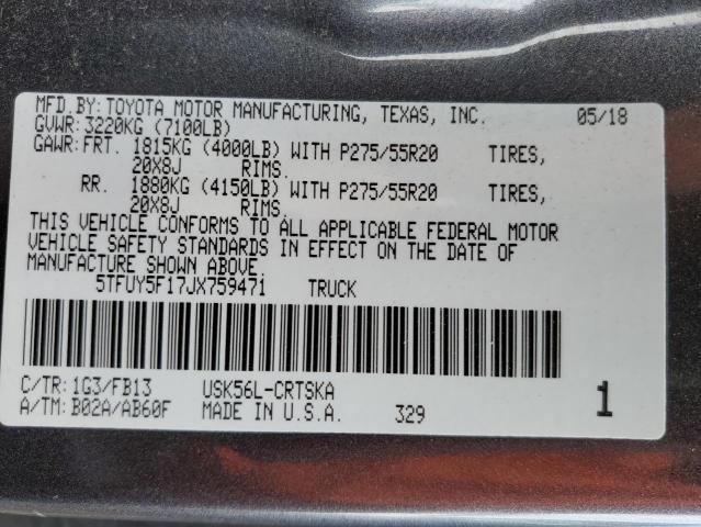 5TFUY5F17JX759471 - 2018 TOYOTA TUNDRA DOUBLE CAB SR/SR5 GRAY photo 12