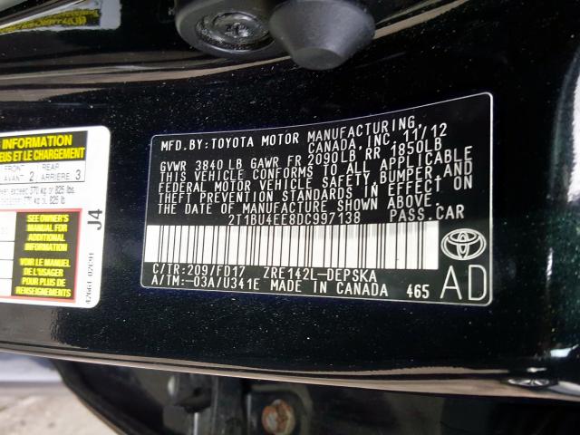 2T1BU4EE8DC997138 - 2013 TOYOTA COROLLA BASE  photo 10
