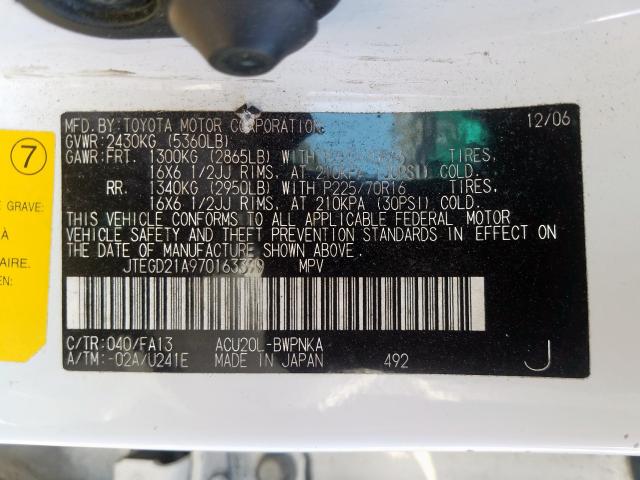 JTEGD21A970163399 - 2007 TOYOTA HIGHLANDER  photo 10