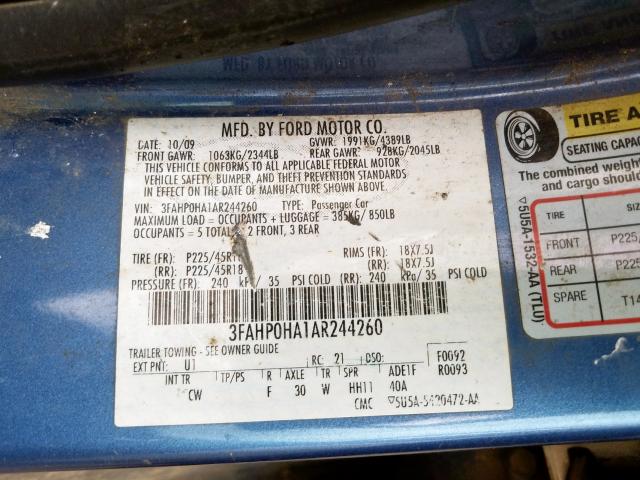 3FAHP0HA1AR244260 - 2010 FORD FUSION SE  photo 10