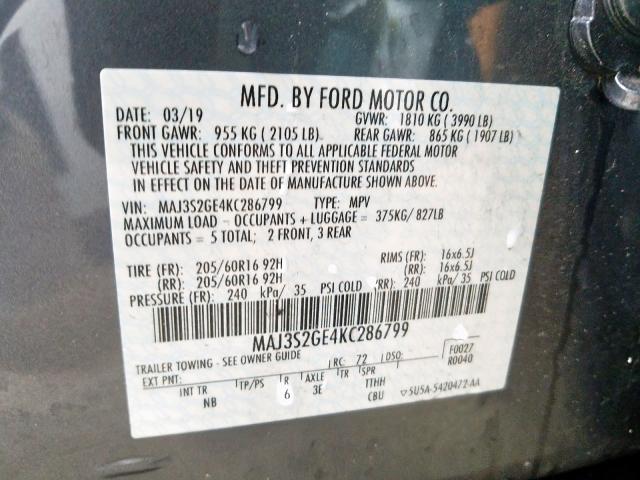 MAJ3S2GE4KC286799 - 2019 FORD ECOSPORT SE  photo 10