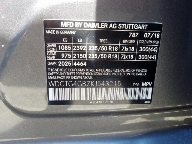 WDCTG4GB7KJ543215 - 2019 MERCEDES-BENZ GLA 250 4MATIC  photo 10