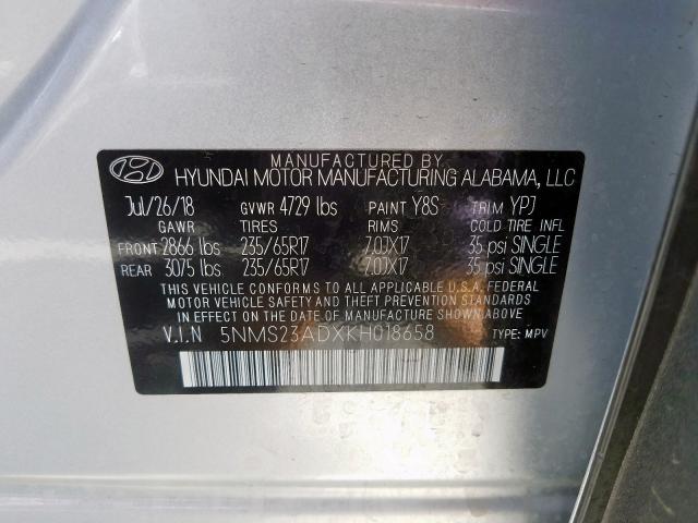 5NMS23ADXKH018658 - 2019 HYUNDAI SANTA FE SE  photo 10