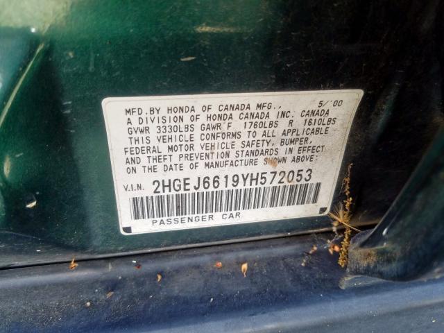 2HGEJ6619YH572053 - 2000 HONDA CIVIC BASE  photo 10