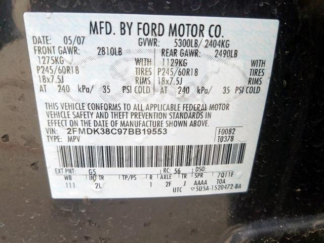 2FMDK38C97BB19553 - 2007 FORD EDGE SEL  photo 10