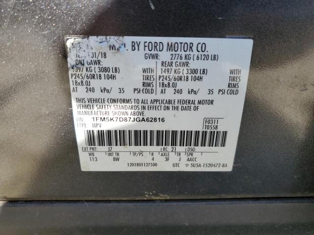 1FM5K7D87JGA62816 - 2018 FORD EXPLORER XLT GRAY photo 13