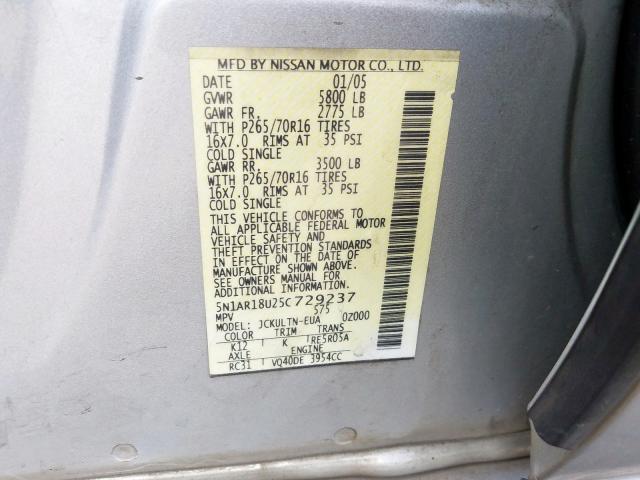 5N1AR18U25C729237 - 2005 NISSAN PATHFINDER LE  photo 10