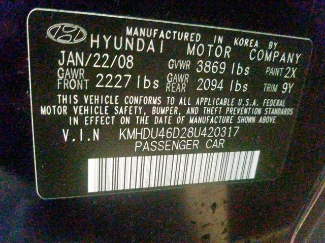 KMHDU46D28U420317 - 2008 HYUNDAI ELANTRA GLS  photo 10