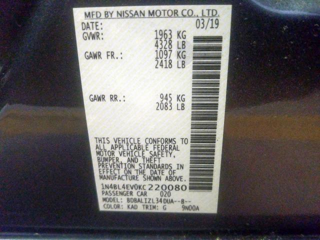 1N4BL4EV0KC220080 - 2019 NISSAN ALTIMA SL  photo 10