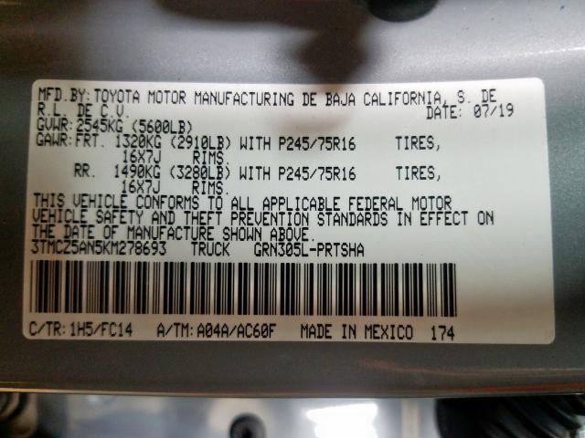 3TMCZ5AN5KM278693 - 2019 TOYOTA TACOMA DOUBLE CAB  照片 10
