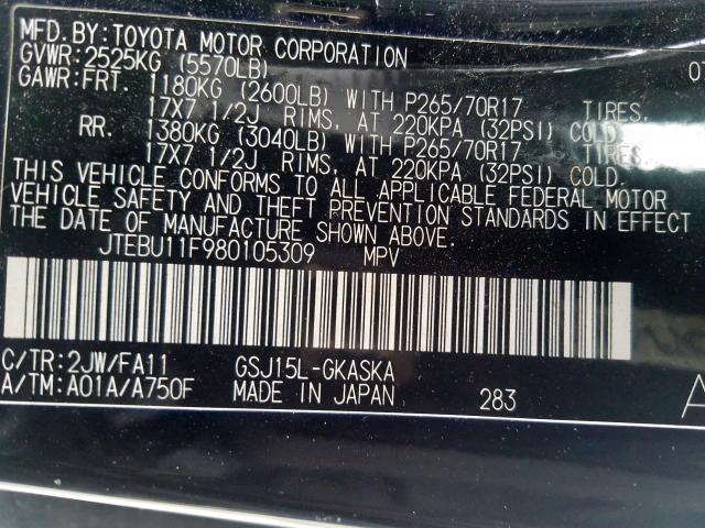 JTEBU11F980105309 - 2008 TOYOTA FJ CRUISER  photo 10