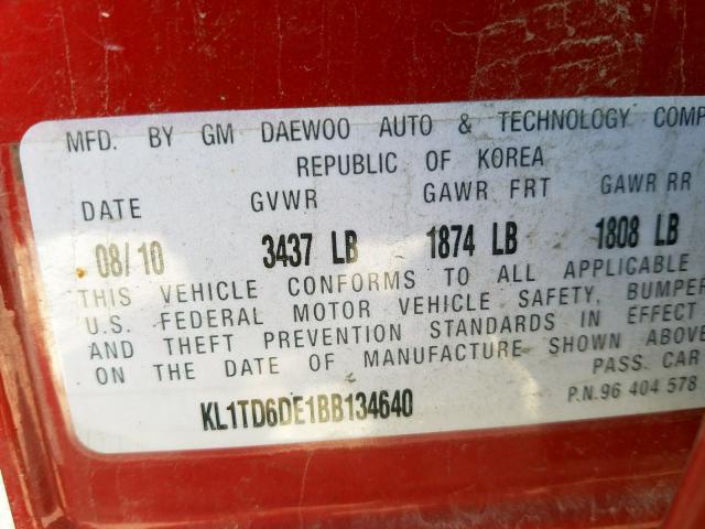 KL1TD6DE1BB134640 - 2011 CHEVROLET AVEO LS  ფოტო 10