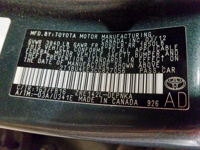 2T1BU4EE3CC827056 - 2012 TOYOTA COROLLA BASE  photo 10