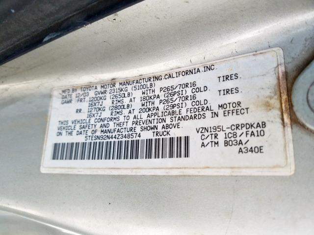 5TESN92N44Z348574 - 2004 TOYOTA TACOMA XTRACAB PRERUNNER  ფოტო 10