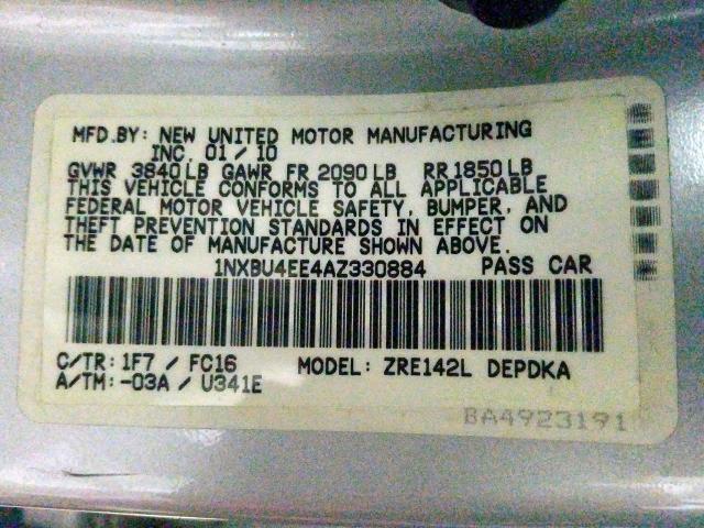 1NXBU4EE4AZ330884 - 2010 TOYOTA COROLLA BASE  photo 10