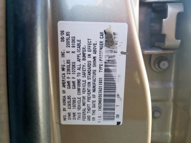 1HGCM66567A011601 - 2007 HONDA ACCORD EX  photo 10