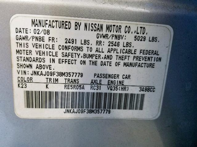 JNKAJ09F38M357779 - 2008 INFINITI EX35 BASE ვერცხლისფერი ფოტო 10