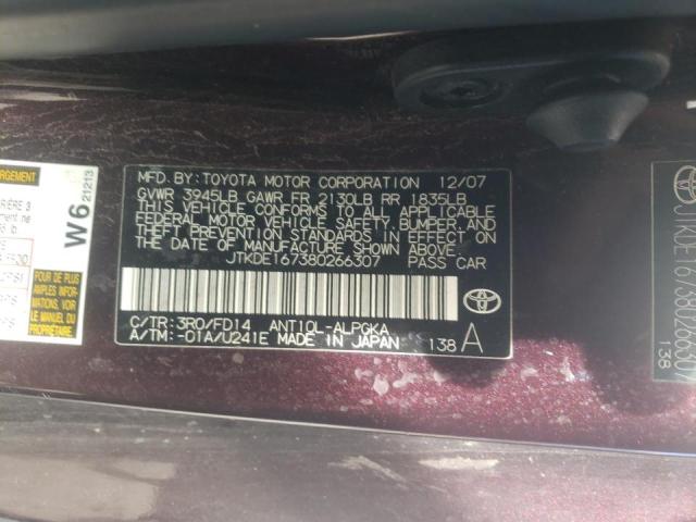 JTKDE167380266307 - 2008 TOYOTA SCION TC მუქწითელი ფოტო 10