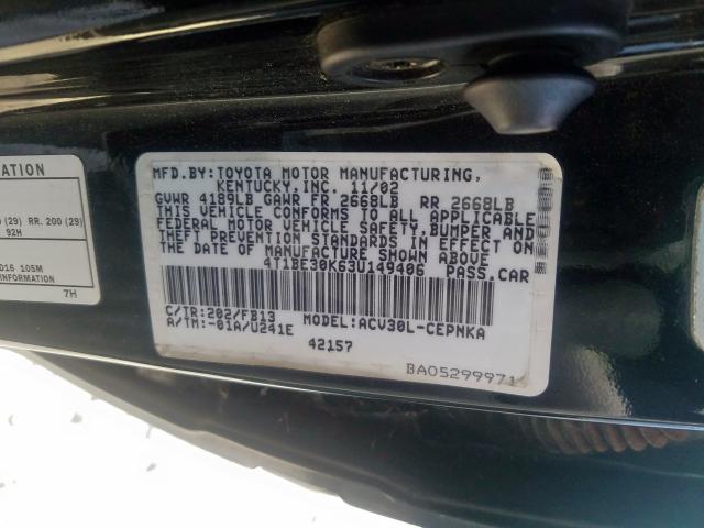 4T1BE30K63U149406 - 2003 TOYOTA CAMRY LE  photo 10