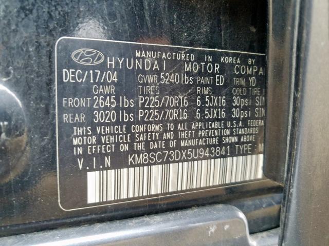 KM8SC73DX5U943841 - 2005 HYUNDAI SANTA FE GLS  photo 10