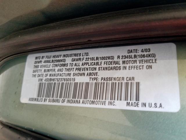 4S3BH675237650515 - 2003 SUBARU LEGACY OUTBACK AWP  照片 10