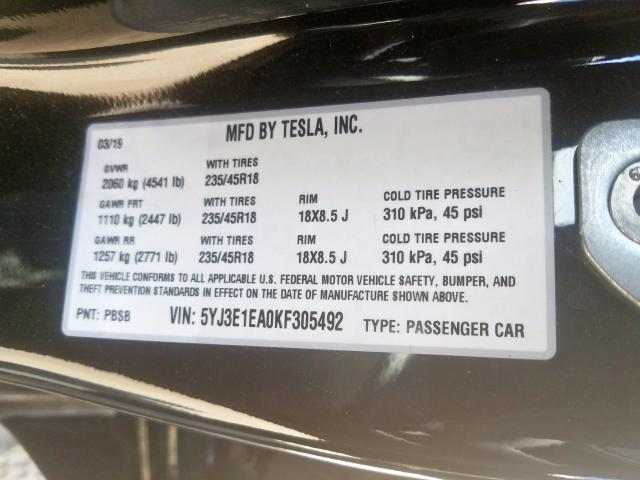 5YJ3E1EA0KF305492 - 2019 TESLA MODEL 3  photo 10