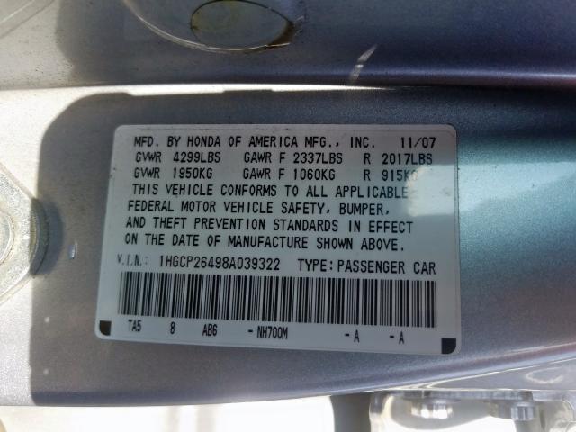 1HGCP26498A039322 - 2008 HONDA ACCORD LXP  photo 10