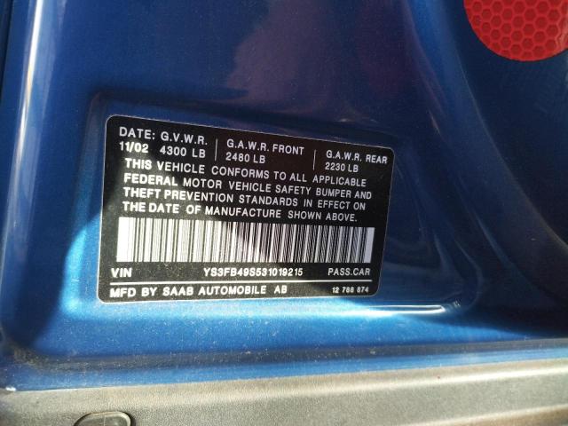 YS3FB49S531019215 - 2003 SAAB 9-3 LINEAR BLUE photo 10