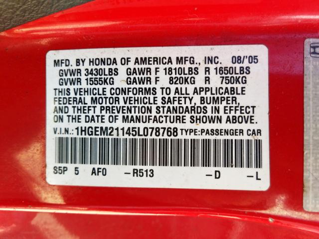 1HGEM21145L078768 - 2005 HONDA CIVIC DX VP  photo 10