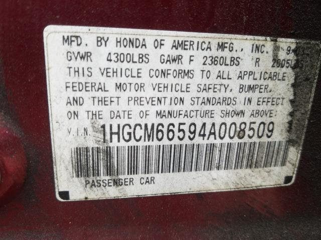 1HGCM66594A008509 - 2004 HONDA ACCORD EX  photo 10