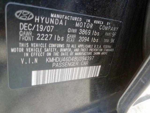 KMHDU46D48U394397 - 2008 HYUNDAI ELANTRA GLS  photo 10