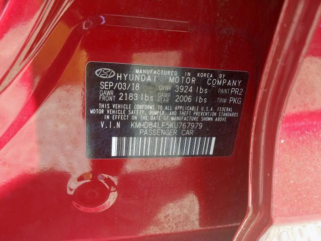 KMHD84LF5KU767979 - 2019 HYUNDAI ELANTRA SEL  photo 10