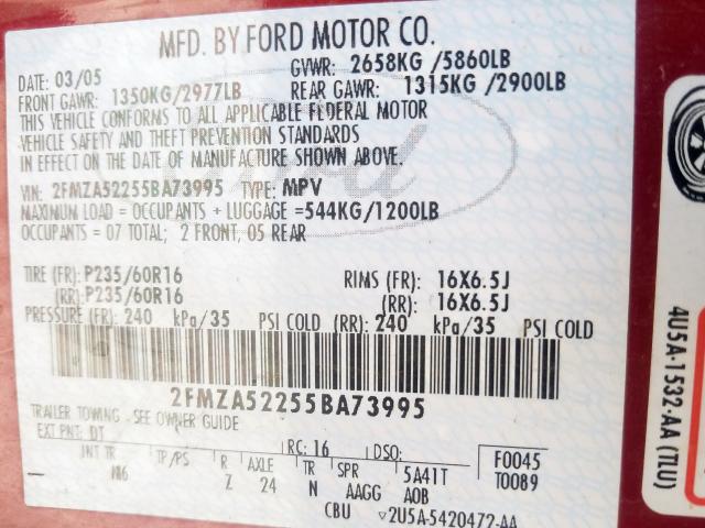 2FMZA52255BA73995 - 2005 FORD FREESTAR SEL  photo 10