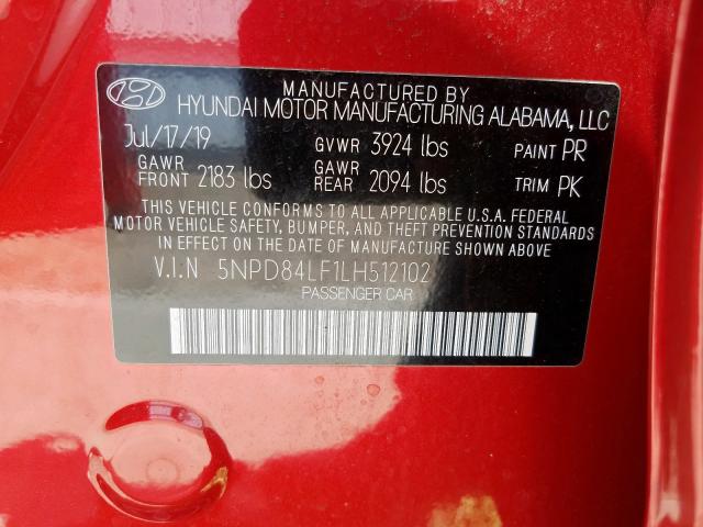 5NPD84LF1LH512102 - 2020 HYUNDAI ELANTRA SEL  photo 10