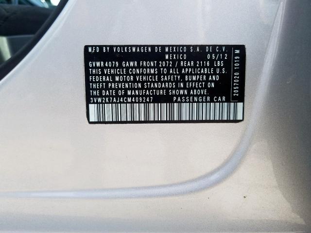 3VW2K7AJ4CM409247 - 2012 VOLKSWAGEN JETTA BASE  ფოტო 10