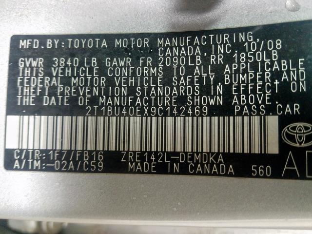 2T1BU40EX9C142469 - 2009 TOYOTA COROLLA BASE  照片 10