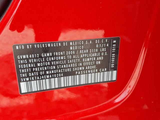 3VW1K7AJ4EM410204 - 2014 VOLKSWAGEN JETTA BASE  照片 10