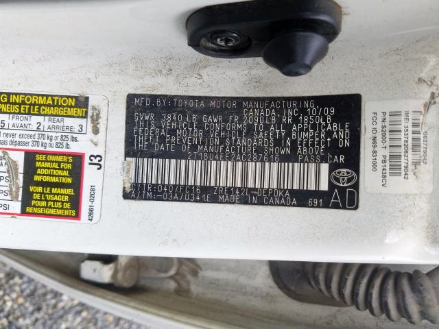 2T1BU4EE2AC287616 - 2010 TOYOTA COROLLA BASE  照片 10