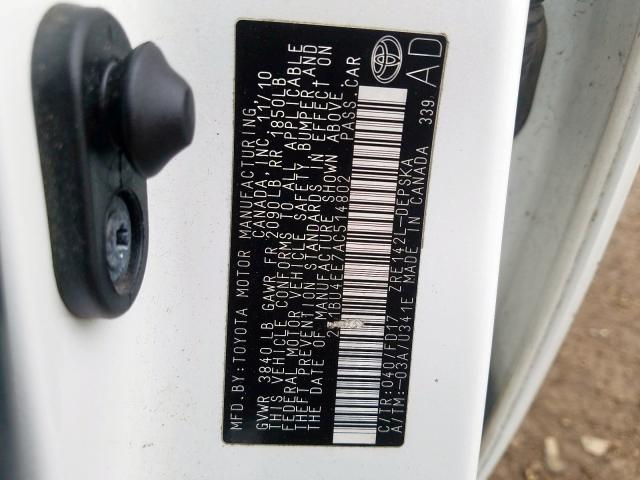 2T1BU4EE7AC514802 - 2010 TOYOTA COROLLA BASE  صورة 10