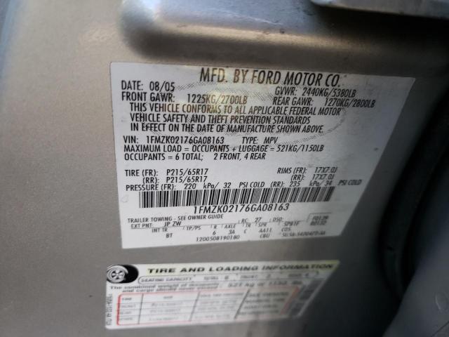 1FMZK02176GA08163 - 2006 FORD FREESTYLE SEL SILVER photo 12