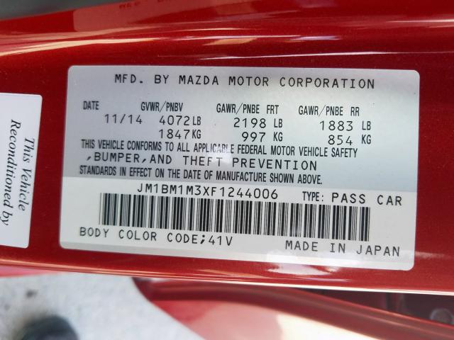 JM1BM1M3XF1244006 - 2015 MAZDA 3 GRAND TOURING  photo 10